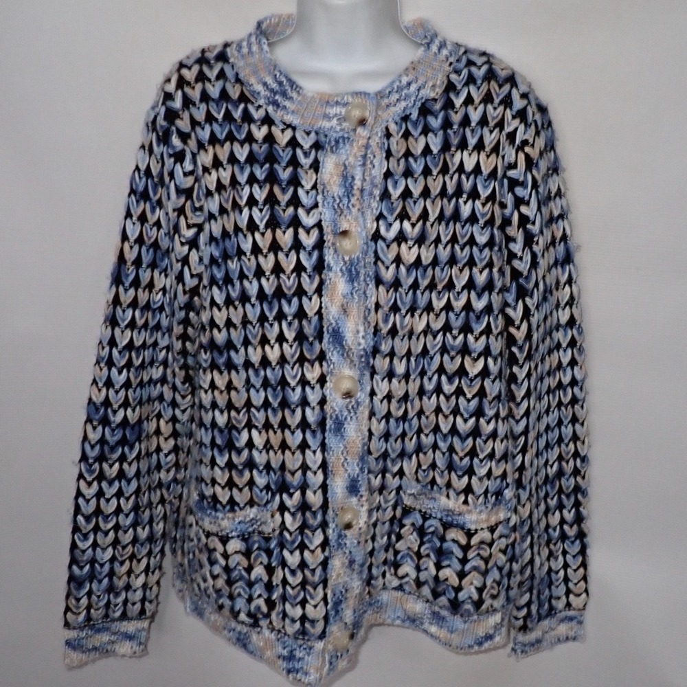 C&K Designs Womens Blue Heart Knit Button Front Cardigan Sweater Large Pockets